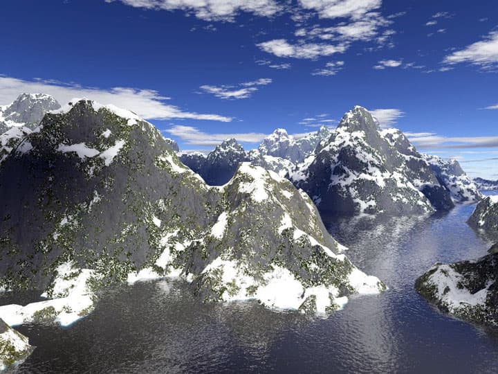Computer-generated fractal terrain with mountains and water